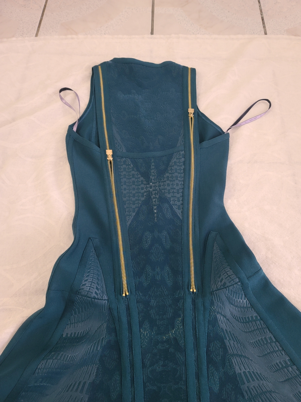 Herve Leger Teal Asymmetrical Zip Fit-and-Flare Midi Dress - Picture 11 of 13